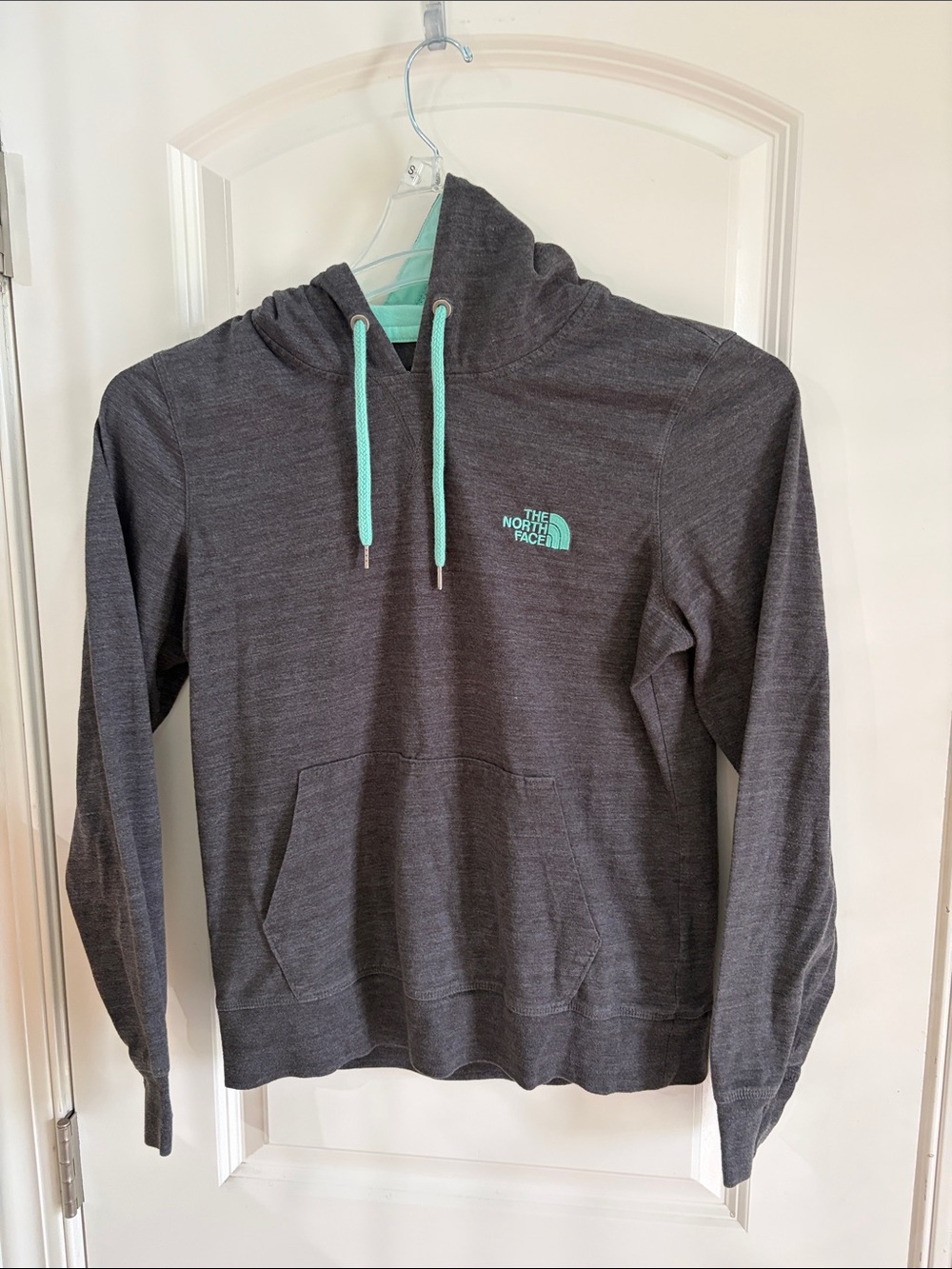The North Face Charcoal Hoodie with Teal Drawstrings
